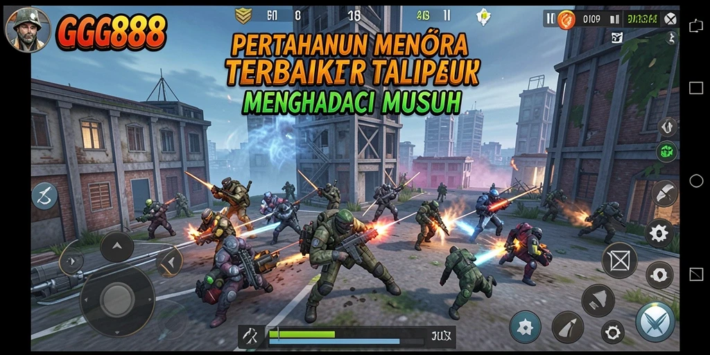 Screenshot GGG888 menampilkan aksi menara pertahanan melawan gelombang musuh.