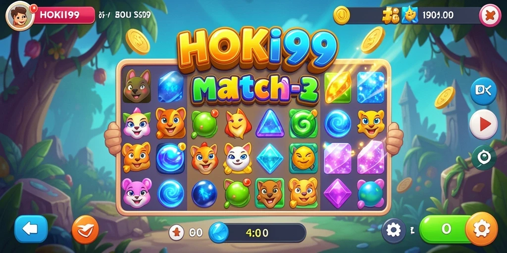 Screenshot HOKI99 yang menampilkan gameplay Match-3 yang penuh warna.