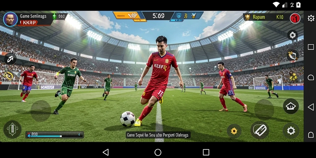 Screenshot gameplay KKRP menampilkan aksi seru di lapangan sepak bola.
