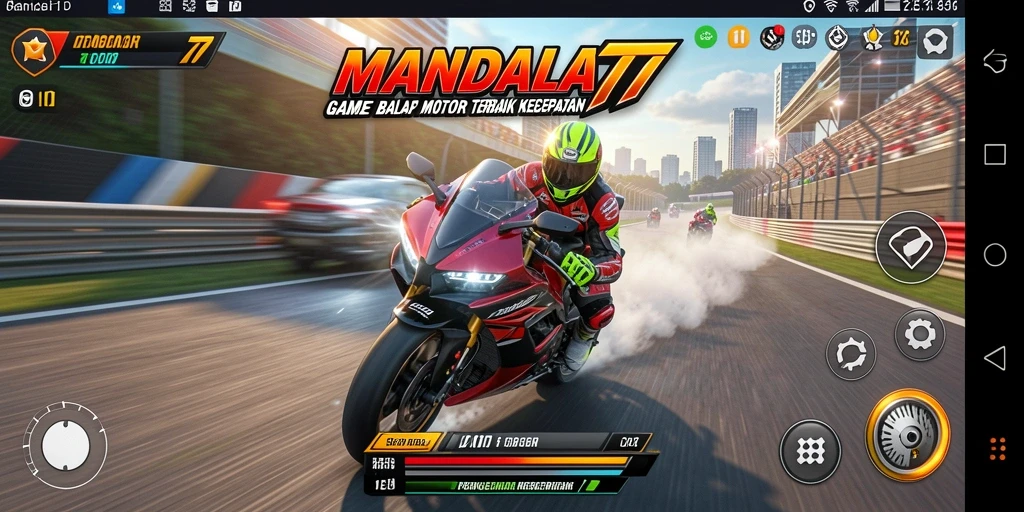 Tampilan utama gameplay MANDALA77 yang menampilkan balapan motor penuh adrenalin.