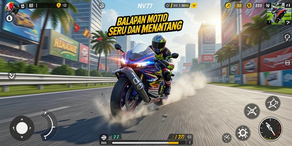 Tampilan gameplay NV77 yang mendebarkan saat balapan motor.