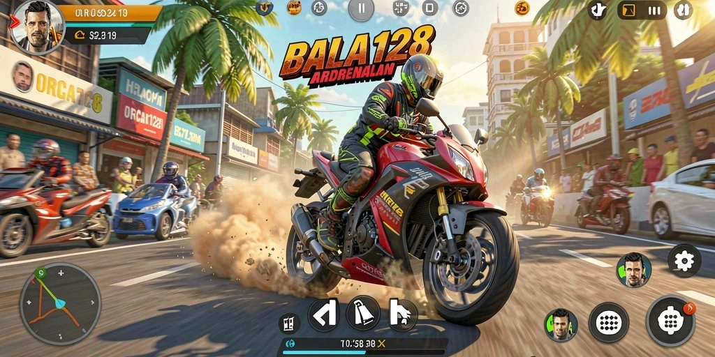 Tangkapan layar ORCA128 menampilkan aksi balapan motor yang mendebarkan.