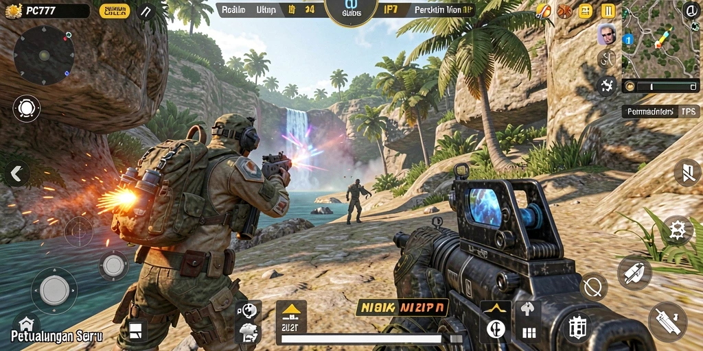 Screenshot menampilkan pertempuran intens dalam game TPS PC777.