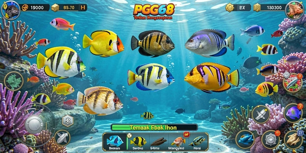 Tampilan gameplay seru PGG68 dengan karakter ikan yang beragam.