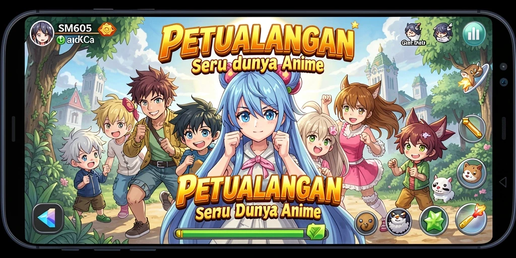 Screenshot gameplay SM605 menampilkan aksi seru dan karakter anime yang menarik.