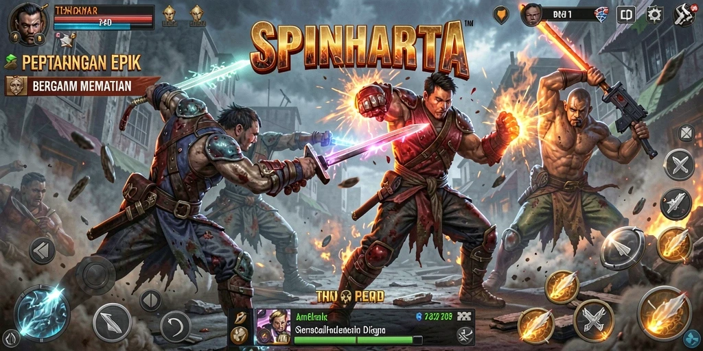 Screenshot gameplay SPINHARTA menunjukkan pertarungan seru antara karakter.