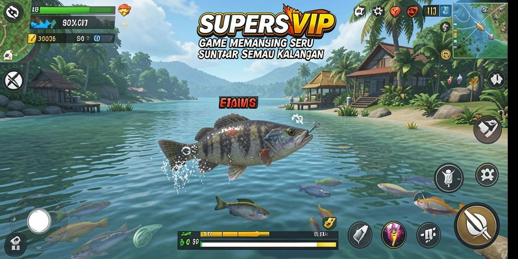 Tampilan screenshot utama SUPERSVIP menunjukkan gameplay memancing yang seru.