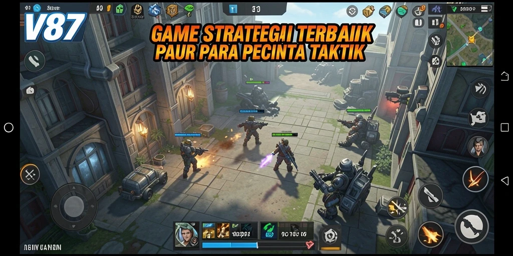 Screenshot gameplay V87 yang menunjukkan pertempuran strategi yang seru.